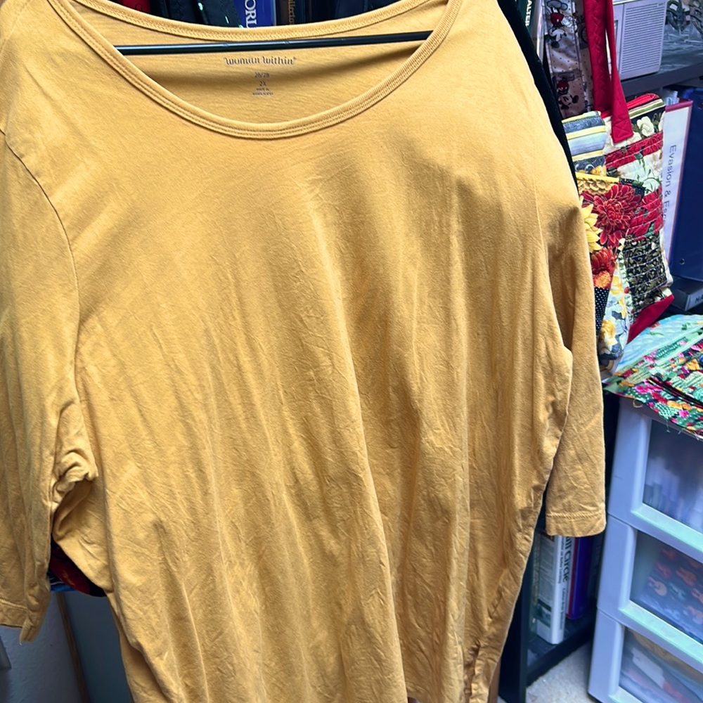 Woman Within woman’s gold top. Round neckline.  3/4” sleeves   32” long